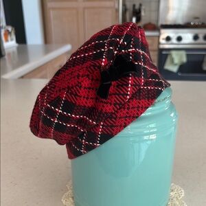 Red Plaid Beret with Black Velvet Bow
